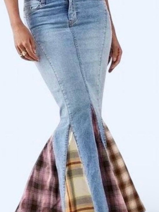 BDG Dresses & Skirts - Denim Mermaid Skirt with Plaid Panels
